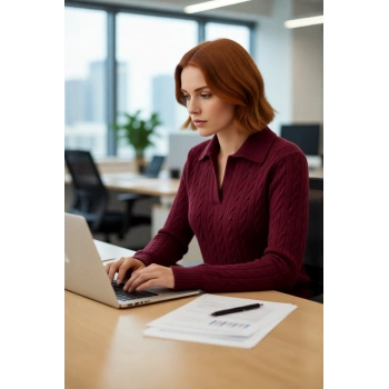 Şık Tasarım Kadın Regular Kalıp Saç Örgülü Polo Yaka Triko Kazak Günlük Giyim İçin İdeal Kaliteli