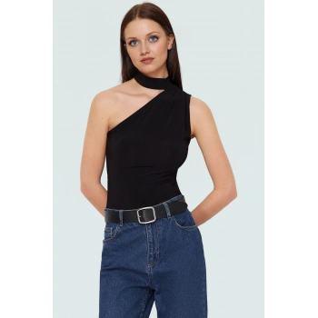 Şık Tek Omuzlu Bluz Örme Kumaş Choker Yaka Regular Boy Rahat Kullanım Özenle Seçilmiş