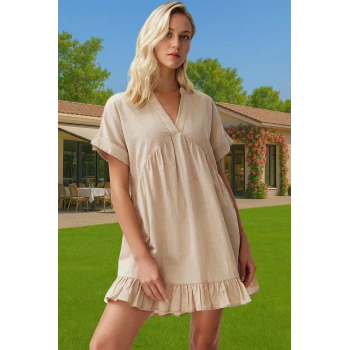 Şık V Yaka A Line Mini Pamuk Plaj Elbisesi Yaz Koleksiyonu Premium Kalite Özel Tasarım Mükemmel Uyum