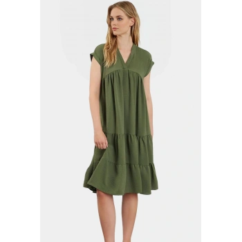Şık V Yaka Aerobin Dokuma Yazlık Elbise Rahat Kalıp Günlük Kullanım Premium Kalite