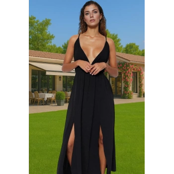 Şık V Yaka Maxi Elbise Crinkle Dokuma Nefes Alan Yazlık Konforlu Kesim Zarifane Tasarım Modern Stil