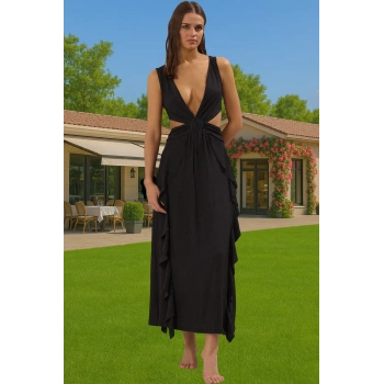 Şık V Yaka Maxi Örme Elbise Cut Out Detay Yazlık Plaj Yüksek Kalite Zarifane Tasarım Konforlu Kesim