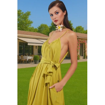 Şık V Yaka Maxi Plaj Elbisesi Bel Detayı Ile Viskoz Polyester Karışım Trend Tasarım