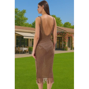 Şık V Yaka Maxi Triko Elbise Püskül Detay Yazlık Plaj Modası Kaliteli İşçilik Konforlu Kesim