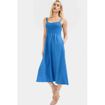 Şık V Yaka Midi Elbise 97% Polyester Crinkle Dokuma Rahat Yazlık Günlük Yüksek Kalite Ve