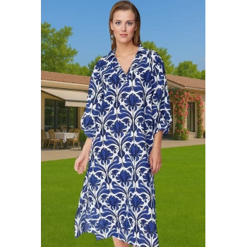 Şık V Yaka Pamuk Vual Midi Elbise Geniş Kalıp Balon Kol Yazlık Seçkin Malzeme Kaliteli İşçilik