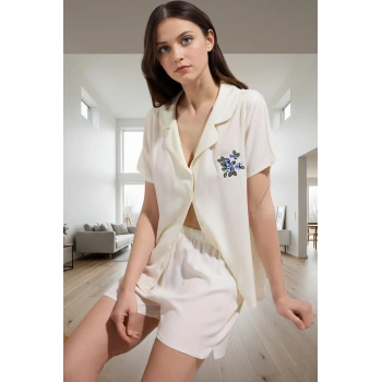 Şık ve Rahat Nakışlı Viskoz Pijama Takımı Yazlık Homewear Koleksiyonu Uzun Ömürlü