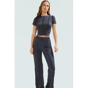 Şık ve Rahat Örme Kadın Takım Polyester Kaşkorse Kumaş İspanyol Paça Pantolon Yazlık Modern Stil