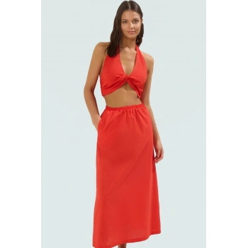 Şık ve Rahat Pamuk Dokuma Bluz Etek Takım Uzun Kullanım Günlük İçin