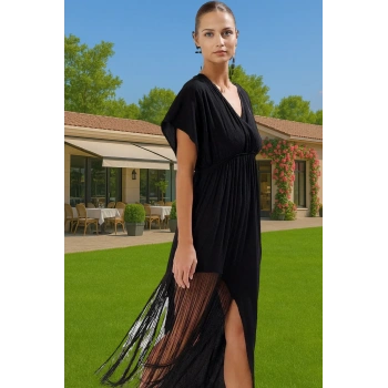 Şık ve Rahat Pamuklu Viskoz Plaj Elbisesi Püskül Detaylı Midi Dayanıklı Malzeme Kaliteli İşçilik