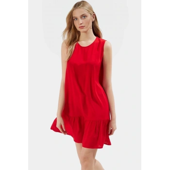 Şık Viskoz Mini Elbise Bisiklet Yaka Geniş Kesim Yazlık Özel Tasarım Konforlu