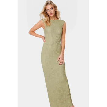 Şık Yazlık Örme Midi Elbise Bodycon Kalıp Kayık Yaka Esnek Kumaş Rahat Ve