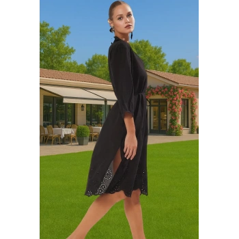 Siyah Pamuklu Brode Detaylı V Yaka Midi Elbise Kadın Yazlık Profesyonel Görünüm Uzun Ömürlü