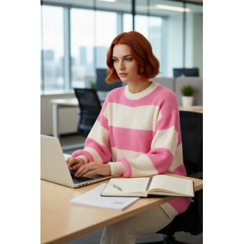 Soğuk Havalar İçin Kadın Relaxed Kesim Düşük Kol Çizgili Selanik Örgü Bisiklet Yaka Kazak Kaliteli