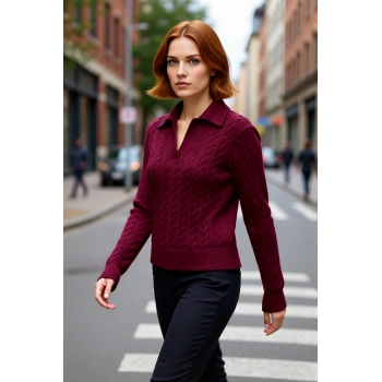 Soğuk Havalara Özel Kadın Regular Kalıp Saç Örgüsü Polo Yaka Triko Kazak Rahat Şıklık Kaliteli