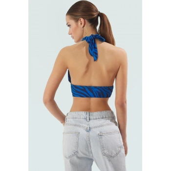 Soyut Desenli Boyundan Bağlamalı Kolsuz Örme Bluz Rahat Yazlık Mükemmel Uyum