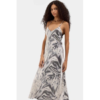 Soyut Desenli Kolsuz Saten Elbise  Polyester Midi Boy Düz Kesim Rahat Ve Şık Premium Kalite