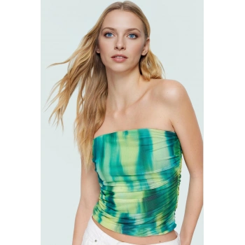 Soyut Desenli Tül Örme Straplez Bluz Rahat ve Şık Yazlık Yüksek Kalite Konforlu Kesim