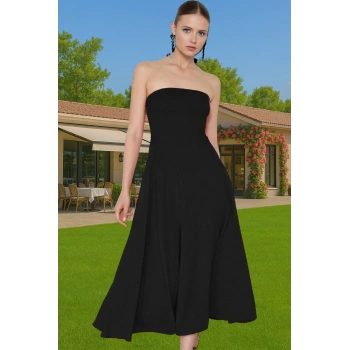 Straplez A Kesim Midi Boy Dokuma Abiye Elbise Yaz Koleksiyonu Premium Kalite Profesyonel Görünüm