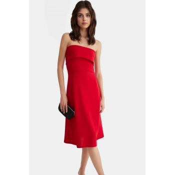 Straplez A line Midi Örme Elbise Polyester Karışımlı Yazlık Kaliteli İşçilik Seçkin Malzeme