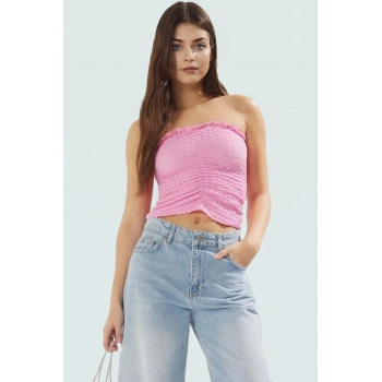 Straplez Büzgü Detaylı Örme Bluz Fitted Yazlık Esnek Modern Stil Özel Tasarım Mükemmel Uyum