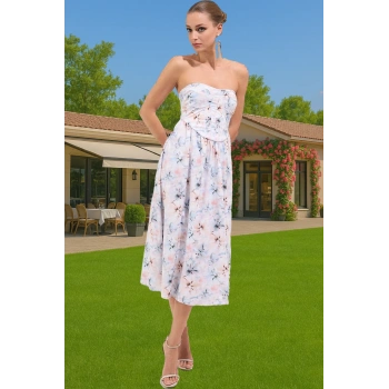 Straplez Çiçekli Poplin Midi Abiye Elbise Yaz Mezuniyet Rahat Ve Şık Yüksek Kalite Yüksek Kalite