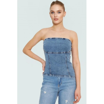 Straplez Denim Bluz Fitted Kalıp Stretch Kumaş Yazlık Yüksek Kalite Rahat Kullanım