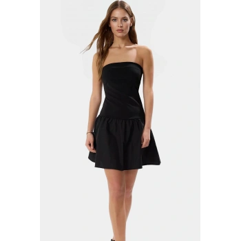 Straplez Dokuma Detaylı A Line Mini Örme Elbise Pamuklu Elastan Yazlık Mükemmel Uyum