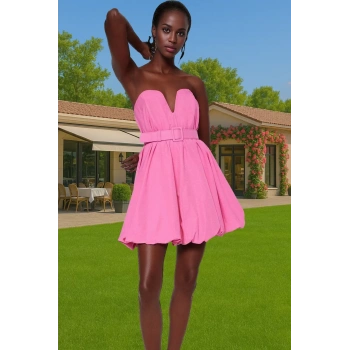 Straplez Kemer Detaylı Balon Etek Poplin Mini Abiye Elbise Yüksek Kalite Profesyonel Görünüm