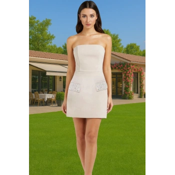 Straplez Mini Abiye Elbise Polyester Dokuma Finike Kesim Mezuniyet Şık Görünüm Özel Tasarım