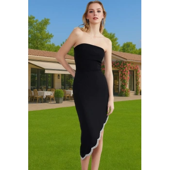 Straplez Taş Detaylı Bodycon Midi Abiye Elbise Premium Kalite Dayanıklı Malzeme Özenle Seçilmiş