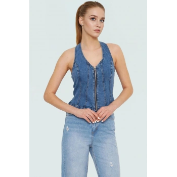 Stretch Denim Bluz Ön Fermuarlı Halter Yaka Regular Günlük Kombinler Özenle Seçilmiş