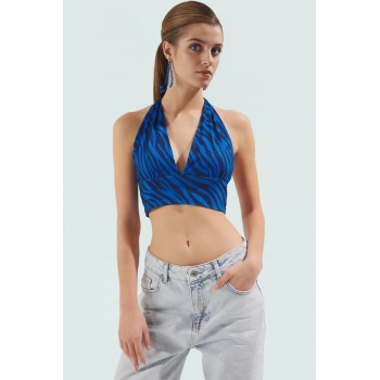 Super Crop Fitted Örme Bluz Boyundan Bağlamalı Soyut Desen Yazlık Konforlu Kesim