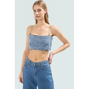 Taş Detaylı Denim Super Crop Bluz Yaz Partileri İçin Trend Tasarım Yüksek Kalite
