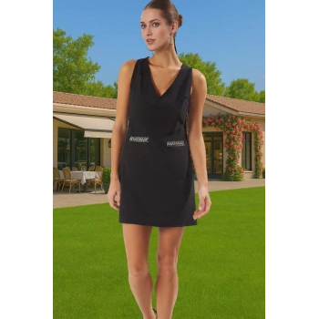 Taş Detaylı Mini Abiye Elbise V Yaka Finike Dokuma Kisa Elbise Premium Kalite Özenle Seçilmiş