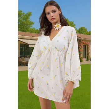 Tek Kol Maxi Keten Karışımlı Çiçek Desenli Plaj Elbisesi Özenle Seçilmiş Dayanıklı Malzeme