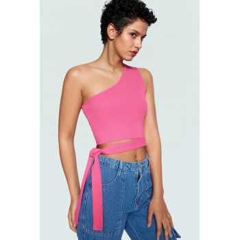 Tek Omuz Bağlamalı Crop Bluz Örme Pamuklu Yazlık Rahat Kombin Yüksek Kalite Uzun Ömürlü