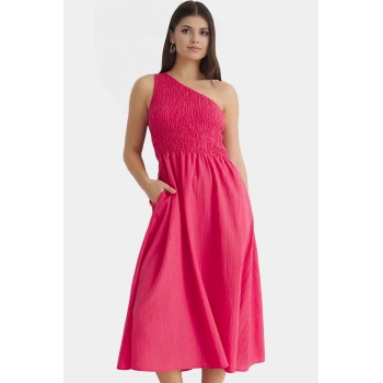 Tek Omuz Midi Elbise Dokuma Kumaştan Şık Yazlık Uzun Ömürlü Seçkin Malzeme Dayanıklı