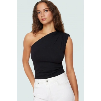 Tek Omuz Örme Bluz Asimetrik Yaka Yazlık Rahat Günlük Kaliteli İşçilik Yüksek Kalite