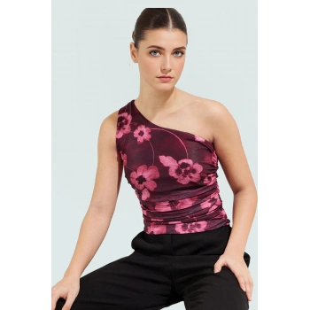 Tek Omuzlu Fitted Tül Bluz Esnek Örme Çiçek Desenli Yazlık Seçkin Malzeme