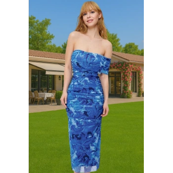 Tek Omuzlu Midi Boy Örme Tül Abiye Elbise Çiçek Desenli Yazlık Kaliteli İşçilik Günlük Kullanım İçin