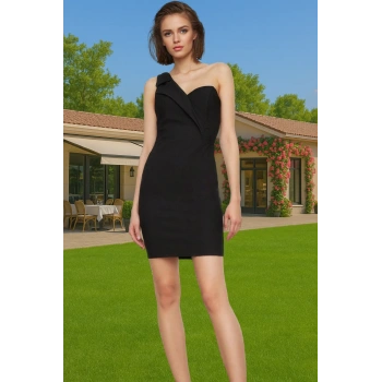 Tek Omuzlu Mini Elbise Polyester Karışımlı Finike Dokuma Abiye Mükemmel Uyum Rahat Kullanım