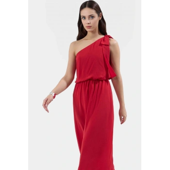 Tek Omuzlu Şifon Maxi Elbise  Polyester Skater Şık Görünüm Kaliteli İşçilik