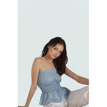 Terrycotton Kumaş Çizgili Straplez Bluz Fitted Kalıp Yazlık Uzun Ömürlü Rahat Kullanım