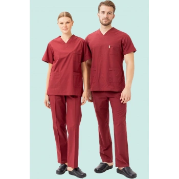 Terycotton V Yaka Bordosu Sağlık Üniforması Santolina Üniforma Doktor Hemşire Çalışanları İçin
