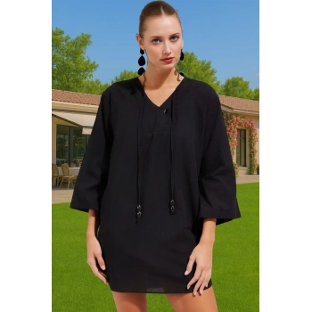 Tesettür Dokuma Pamuk Mini Elbise Yazlık Plaj Şıklığı Seçkin Malzeme Rahat Ve Şık Yüksek Kalite