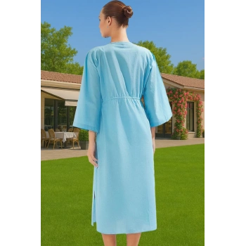 Tesettür Maxi Plaj Elbisesi Pamuklu Dokuma Kumaş V Yaka Büzgü Detaylı Seçkin Malzeme Konforlu Kesim