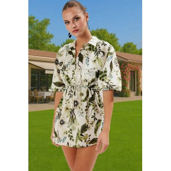 Tesettür Mini Pamuklu Elbise Skater Kalıp Büzgü Detaylı Rahat Yazlık Modern Stil Modern Stil