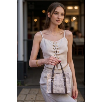Tokalı Mini Hasır El ve Omuz Çantası Doğal Dokulu Çok Yönlü Günlük Stil Parçası