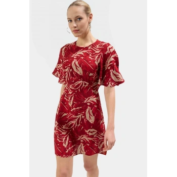 Tropikal Çiçekli A Kesim Viskon Mini Elbise Yazlık Günlük Kaliteli İşçilik Profesyonel Görünüm